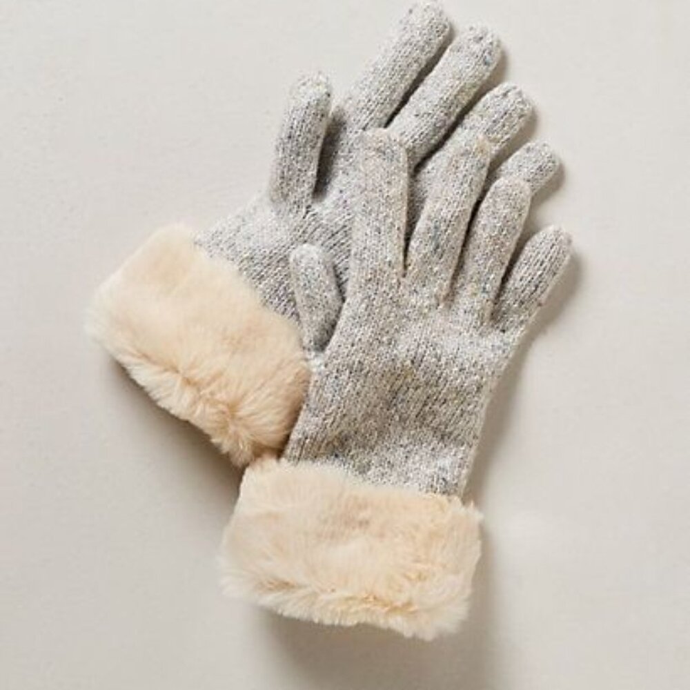 Anthropologie Trimmed Muzurka Gloves Grey Cream Faux Fur Trim